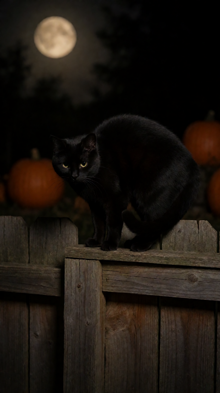 Black cat arched back on halloween night fence Wallpaper