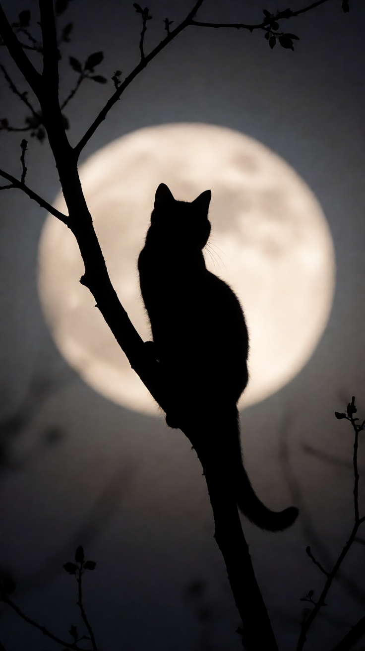 Black cat silhouette on tree branch full moon Wallpaper