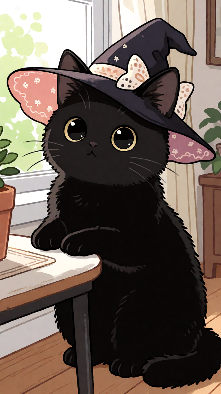 Black cat wearing witch hat kawaii illustration Wallpaper