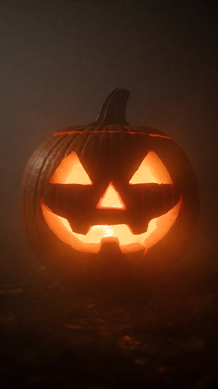 Carved pumpkin glowing in dark fog spooky Wallpaper