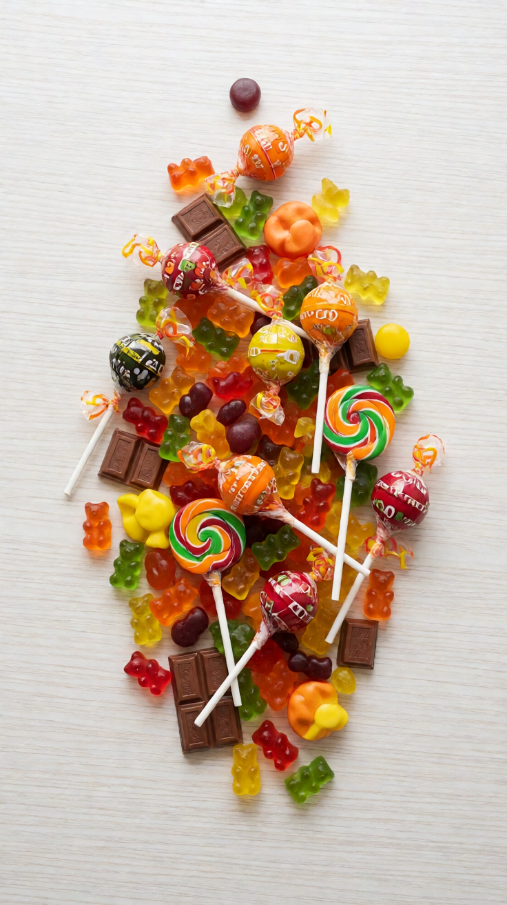 Colorful halloween candy pile flatlay Wallpaper