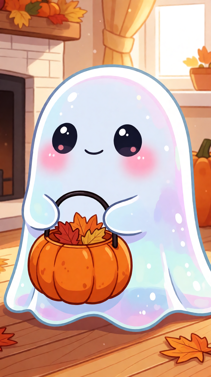 Cute ghost holding pumpkin bucket kawaii illustration Wallpaper