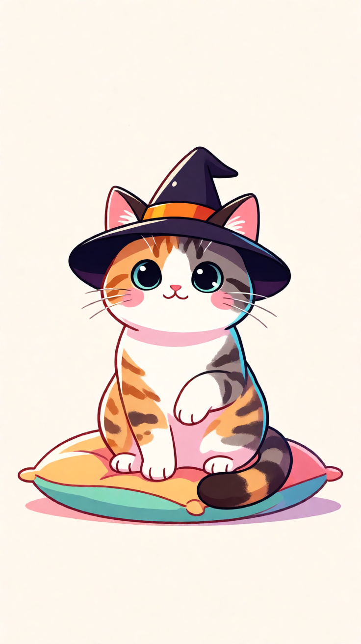 Cute witch cat in pointed hat kawaii illustration Wallpaper
