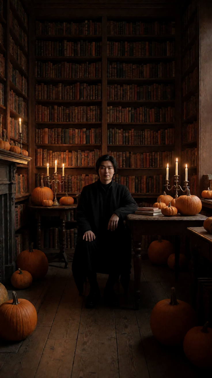 Dark academia halloween library with pumpkins candles Wallpaper