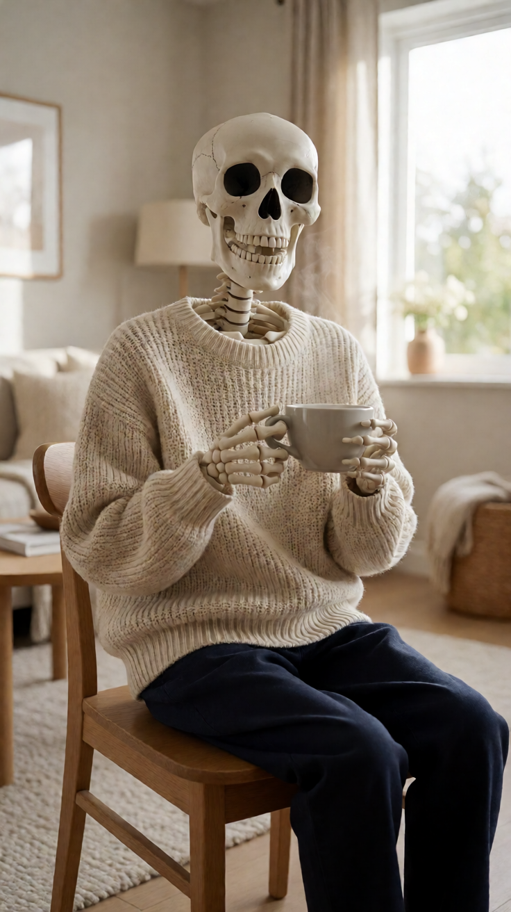 Friendly skeleton drinking coffee cute Wallpaper