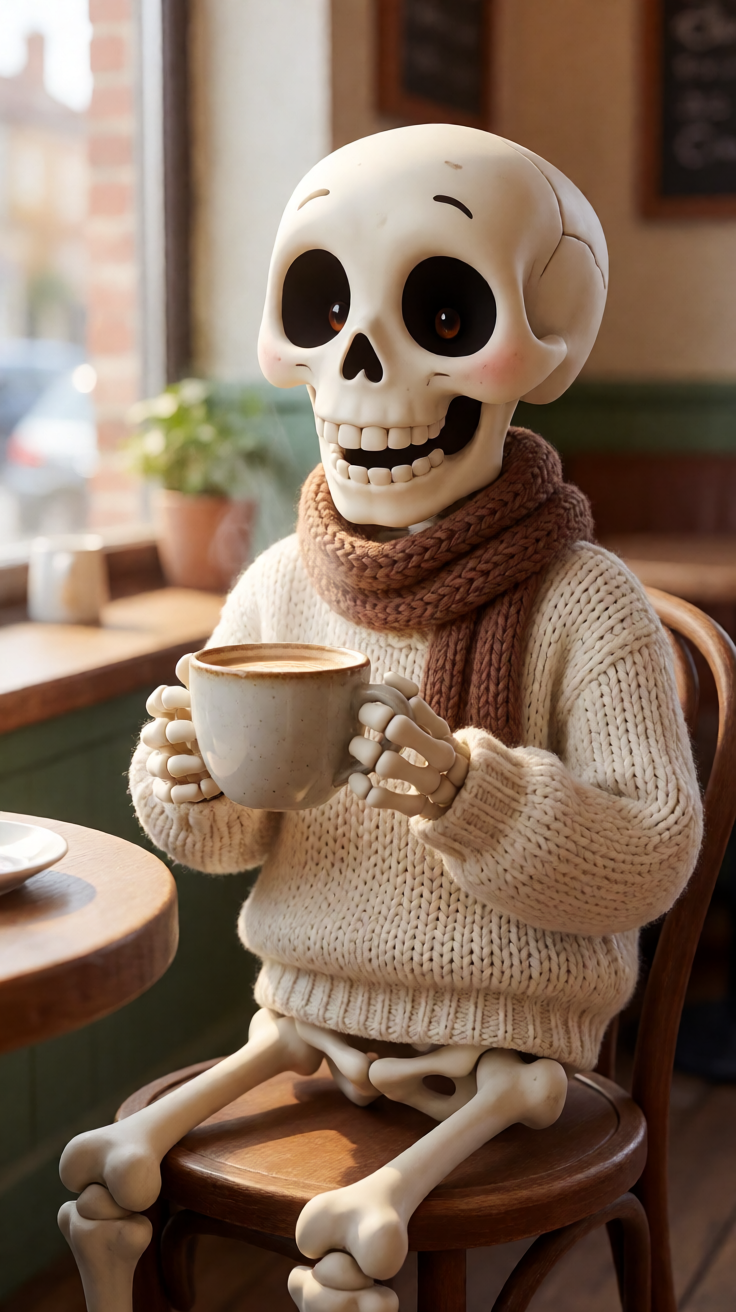 Friendly skeleton drinking coffee cute illustration Wallpaper