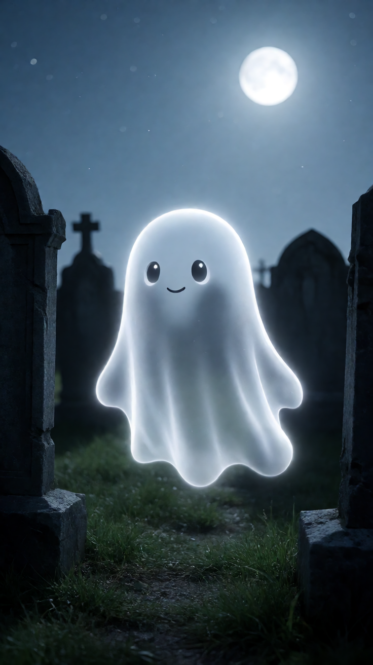 Ghost floating in moonlit graveyard cute Wallpaper