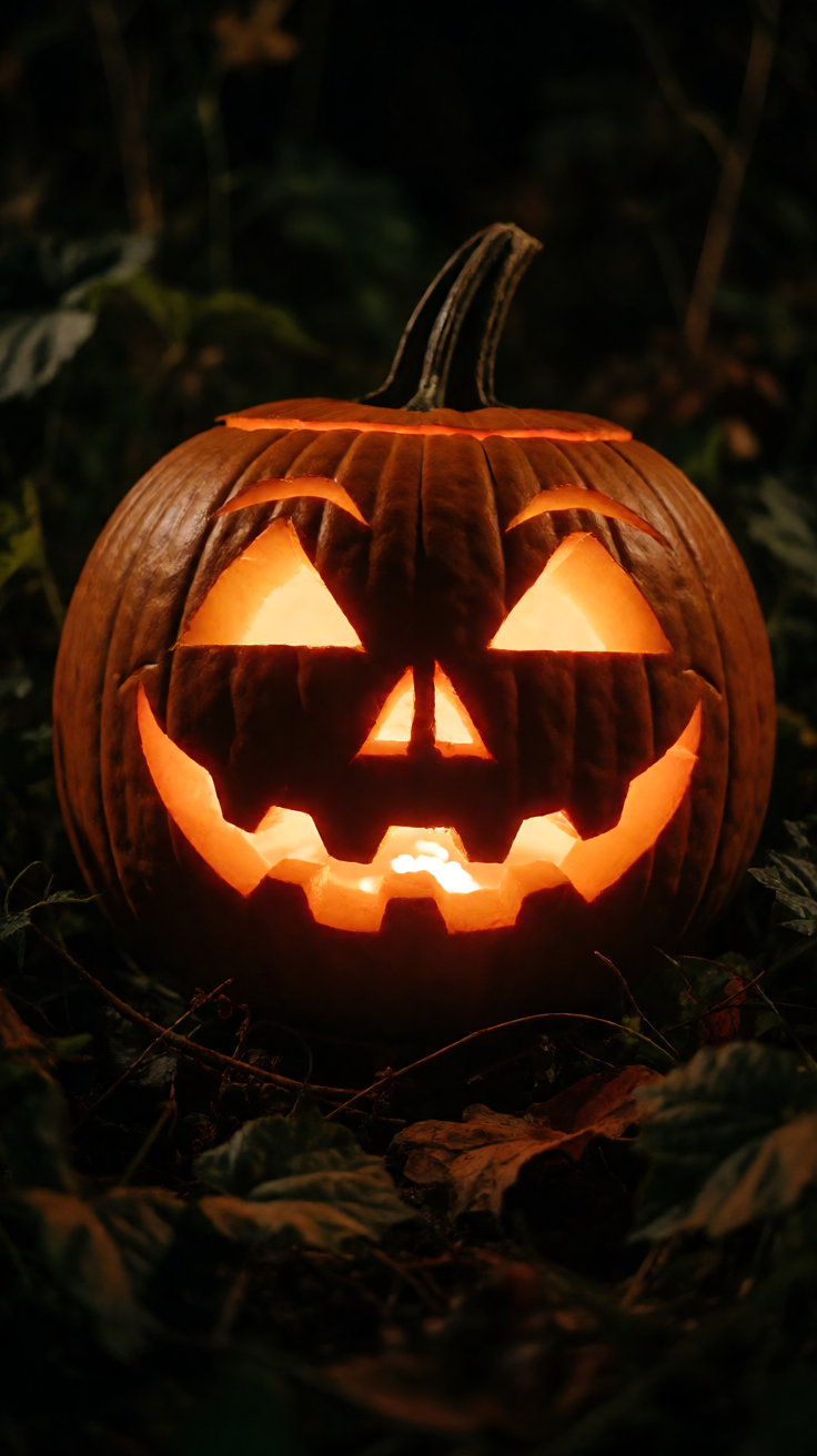 Glowing jack o lantern pumpkin face close up at night Wallpaper