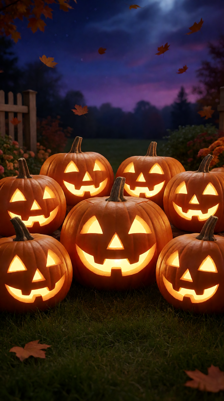 Glowing jack o lantern pumpkins patch night Wallpaper
