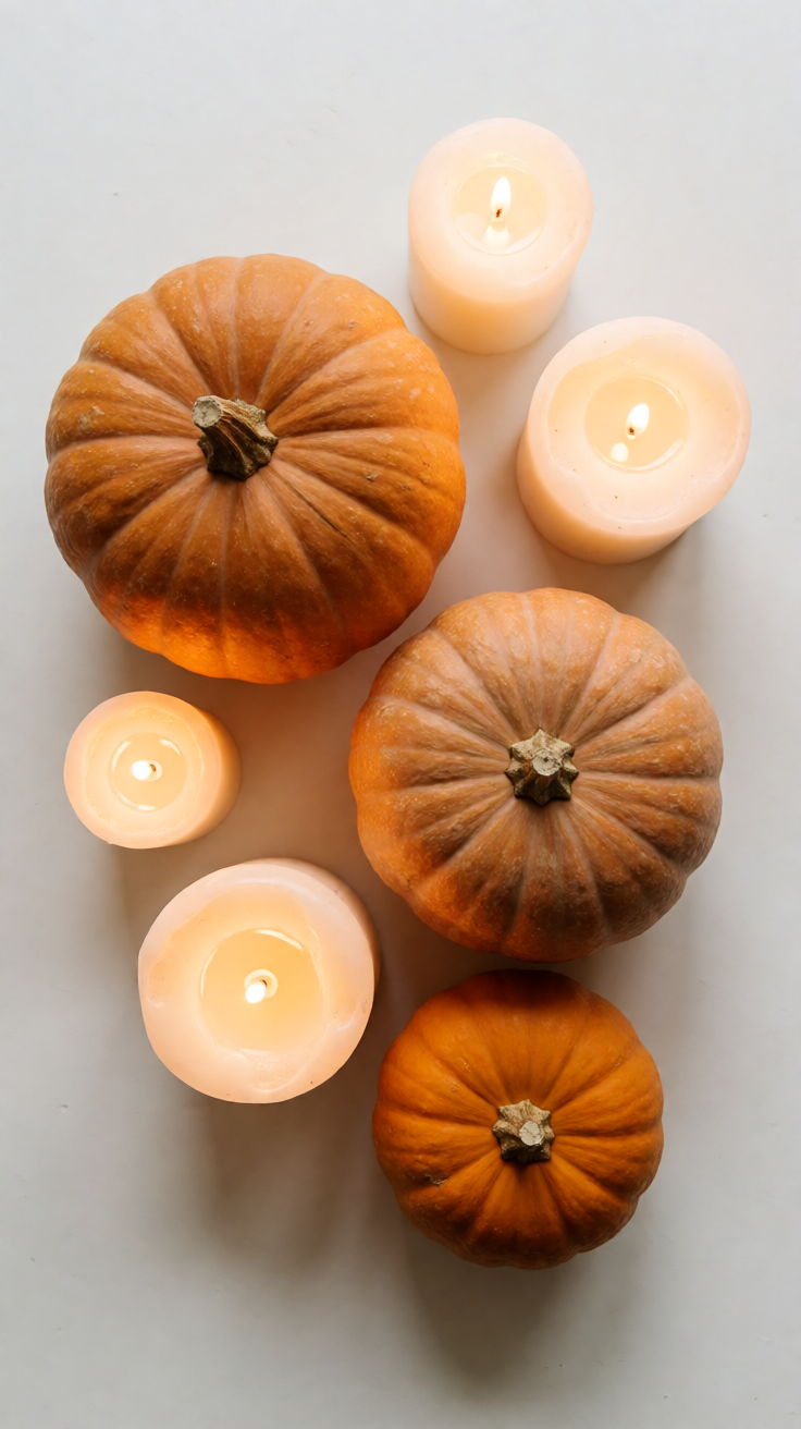 Halloween aesthetic flatlay pumpkins and candles Wallpaper