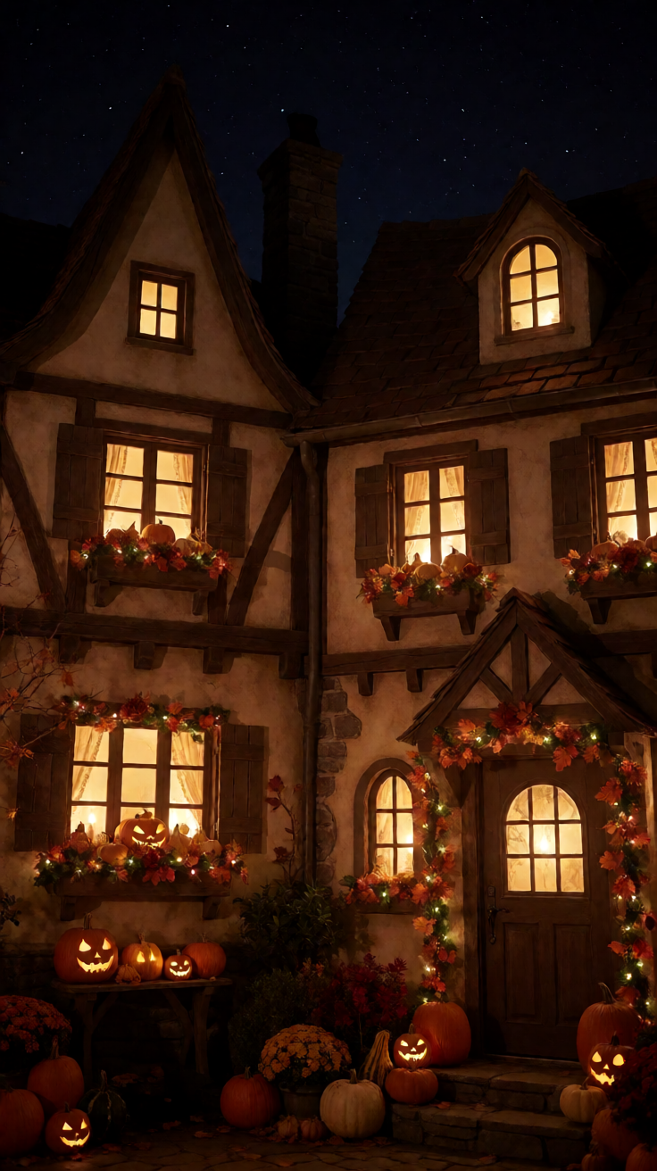 Halloween village at night glowing windows cozy Wallpaper