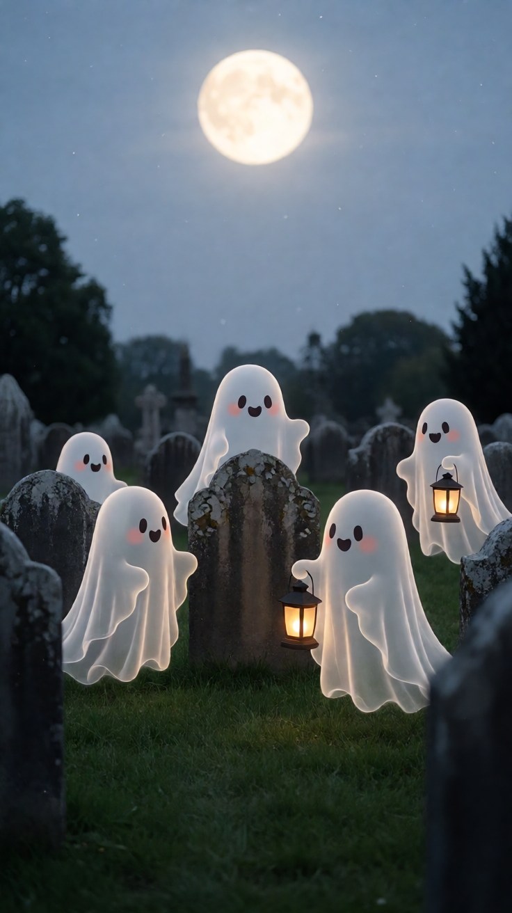Moonlit graveyard with friendly ghosts cute Wallpaper