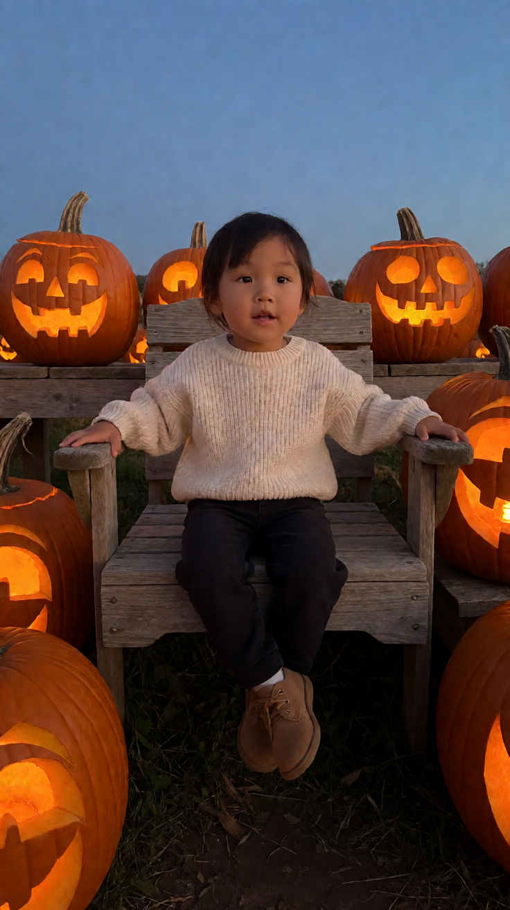 Pumpkin patch at dusk with carved glowing pumpkins Wallpaper