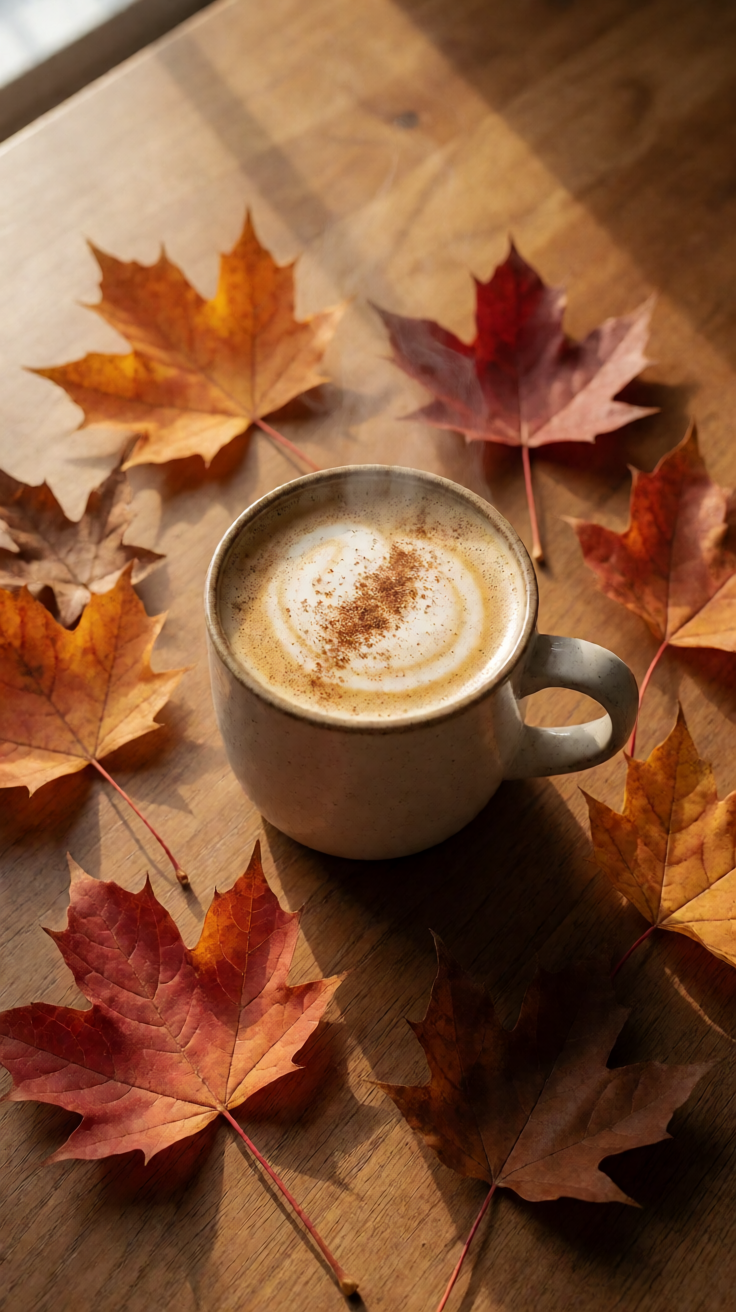 Pumpkin spice latte with fall leaves cozy flatlay Wallpaper