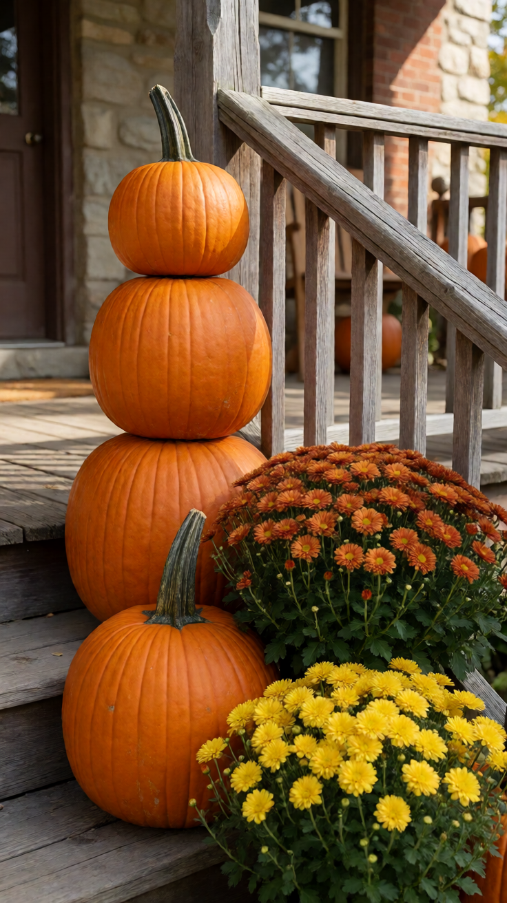 Pumpkin stack on autumn porch with mums Wallpaper
