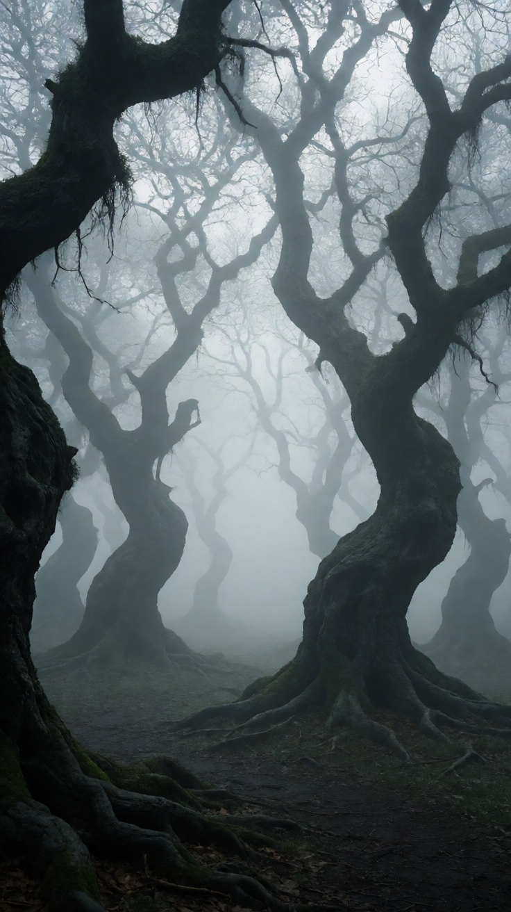Spooky forest twisted trees fog Wallpaper