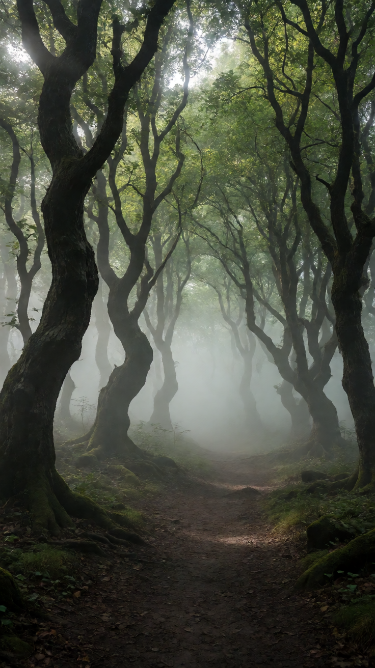 Spooky forest twisted trees fog path Wallpaper