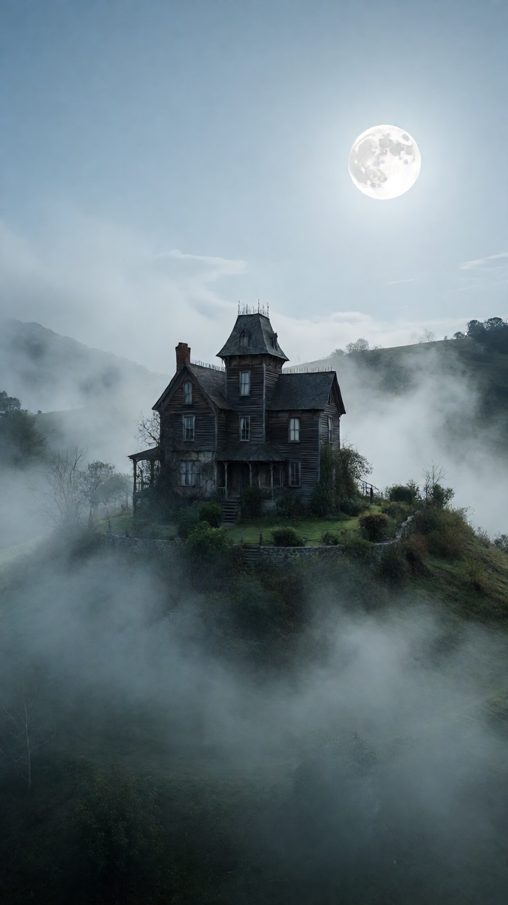 Spooky haunted house on hill with fog and moon Wallpaper
