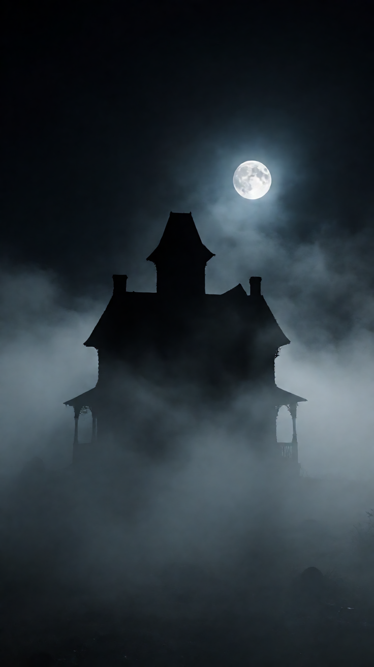 Spooky haunted house silhouette fog moon Wallpaper