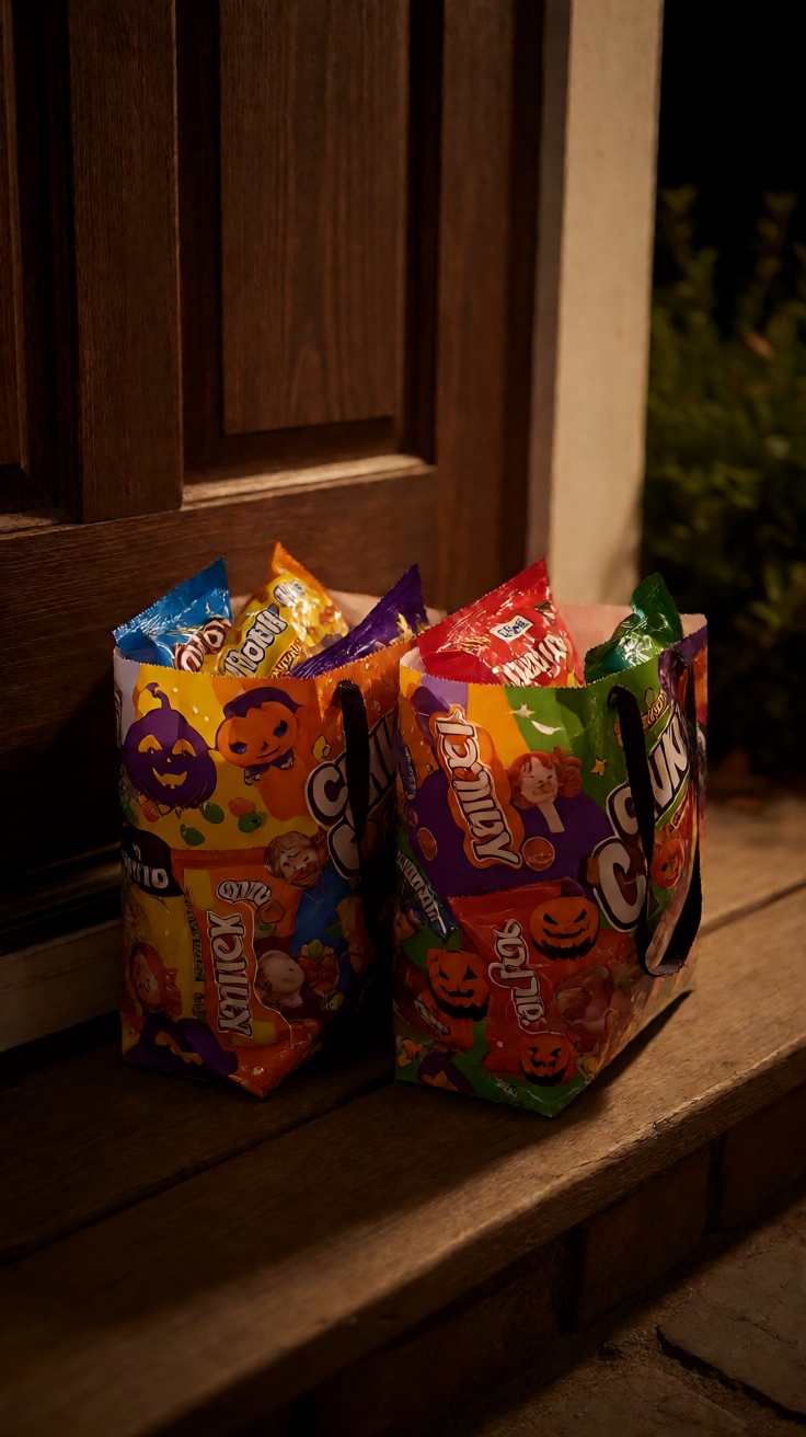 Trick or treat candy bags at night doorstep Wallpaper