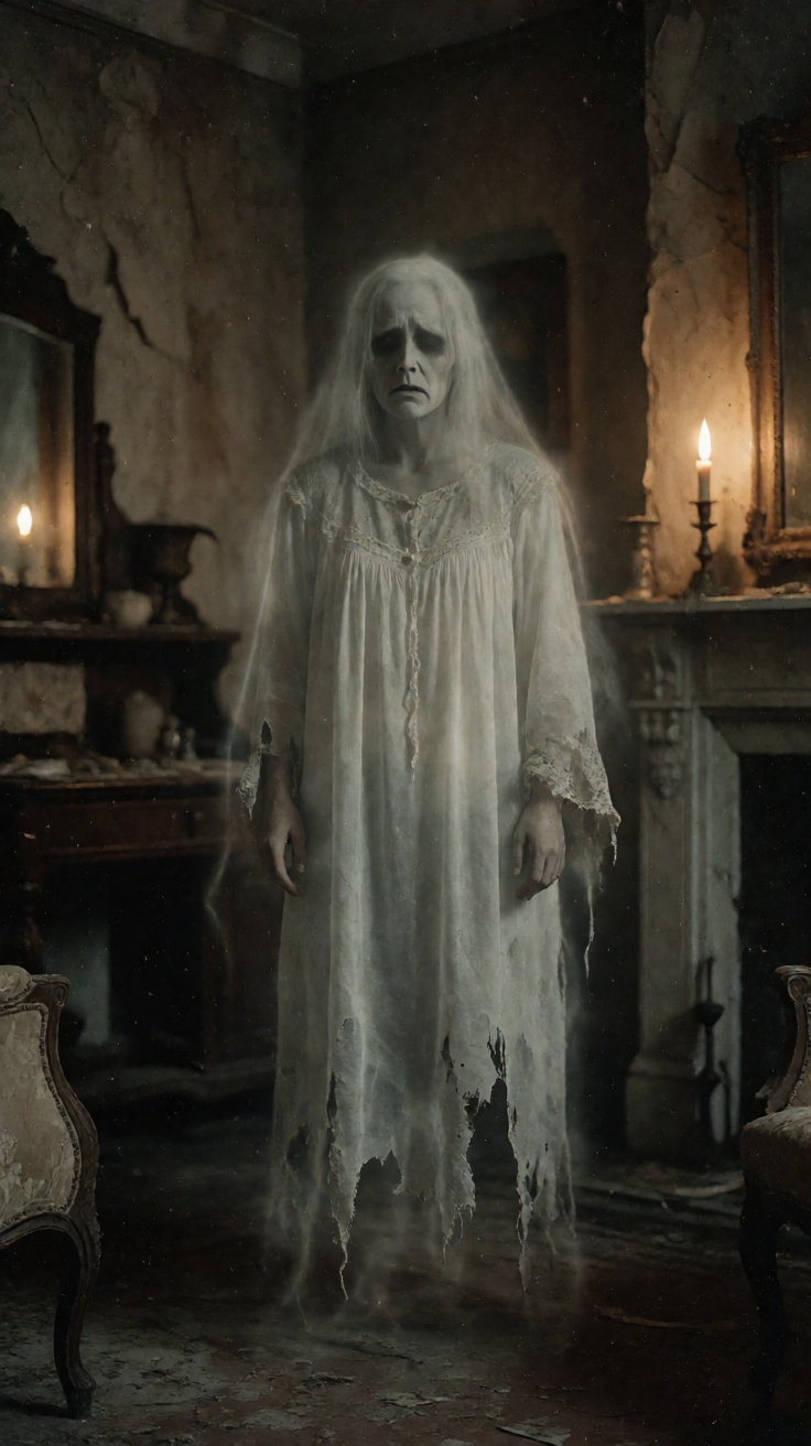 Vintage spooky ghost in old house eerie photo Wallpaper