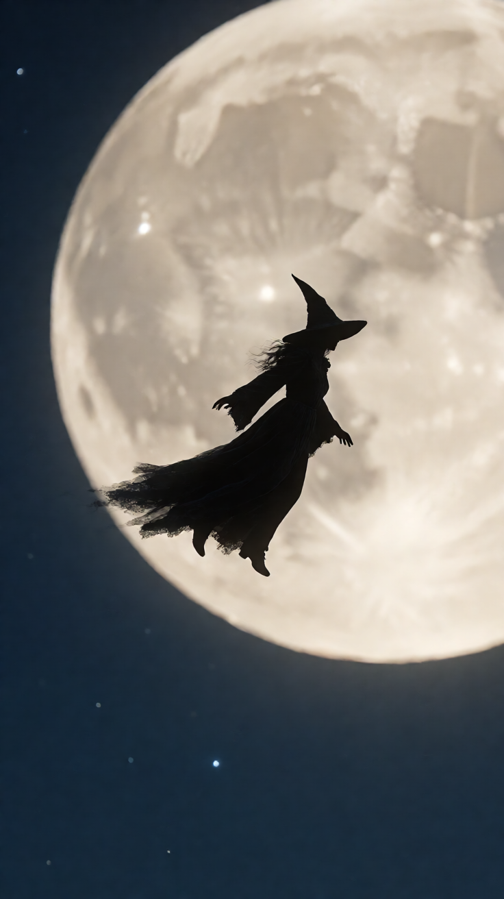 Witch silhouette flying across full moon Wallpaper