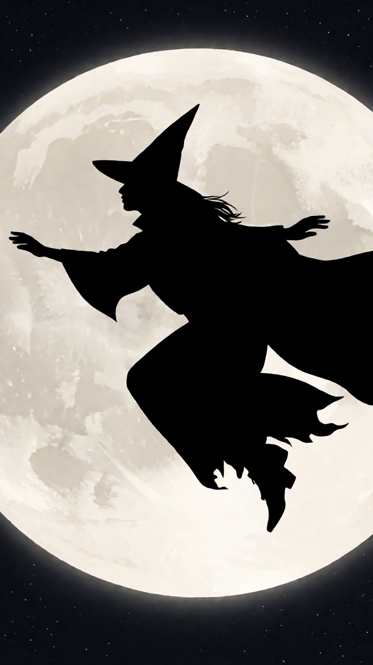 Witch silhouette flying across moon Wallpaper