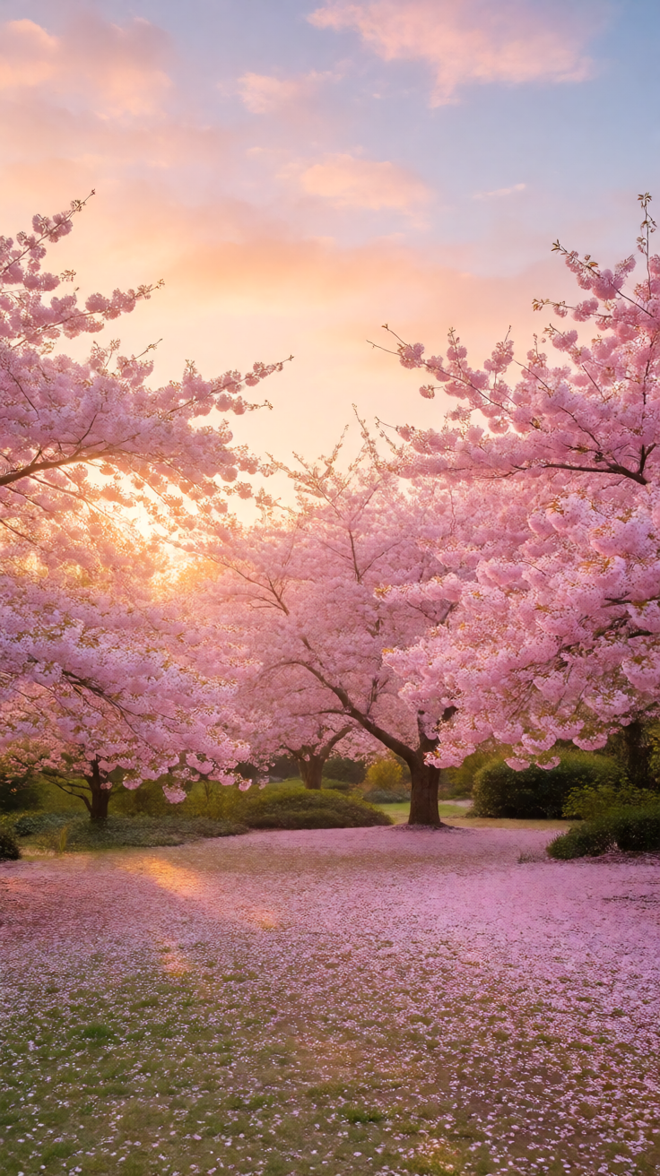 Pink cherry blossom garden at sunrise