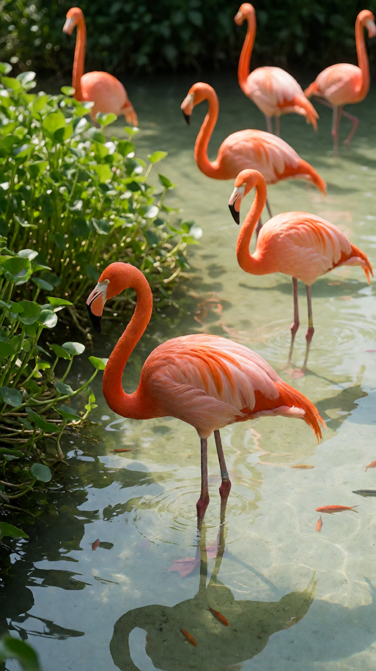 Pink flamingos in tropical water