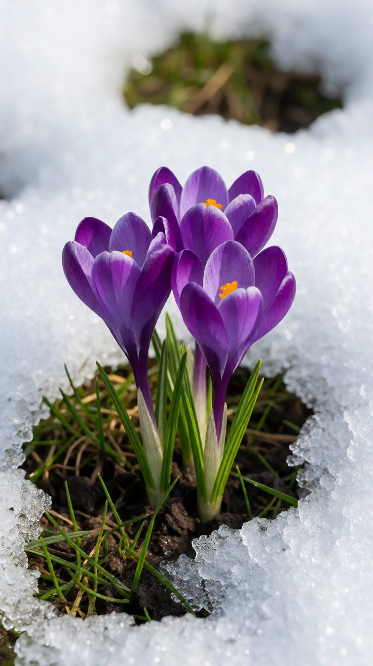 Purple crocus flowers snow melt Wallpaper