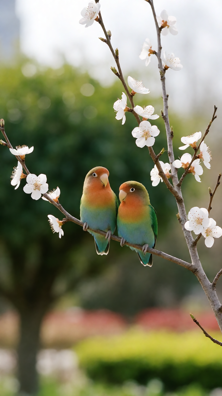Love birds on branch blossom Wallpaper