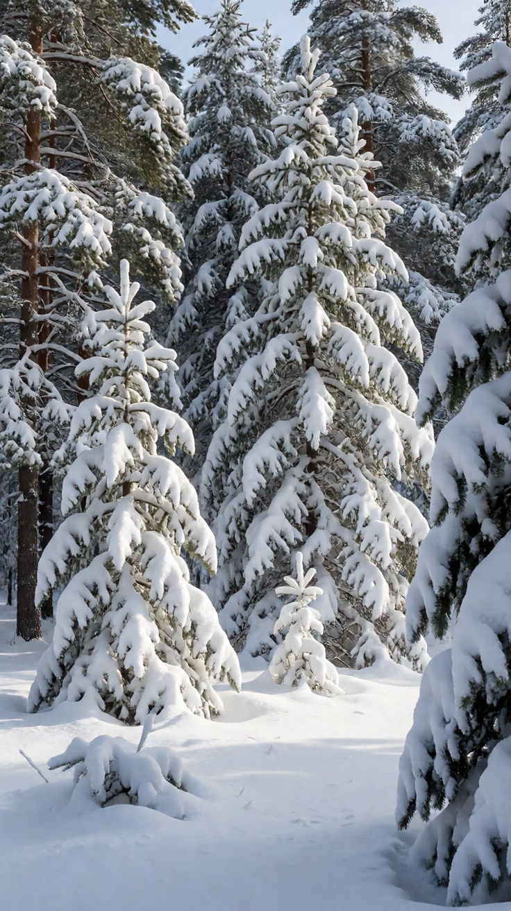 Snow covered white pine forest Wallpaper