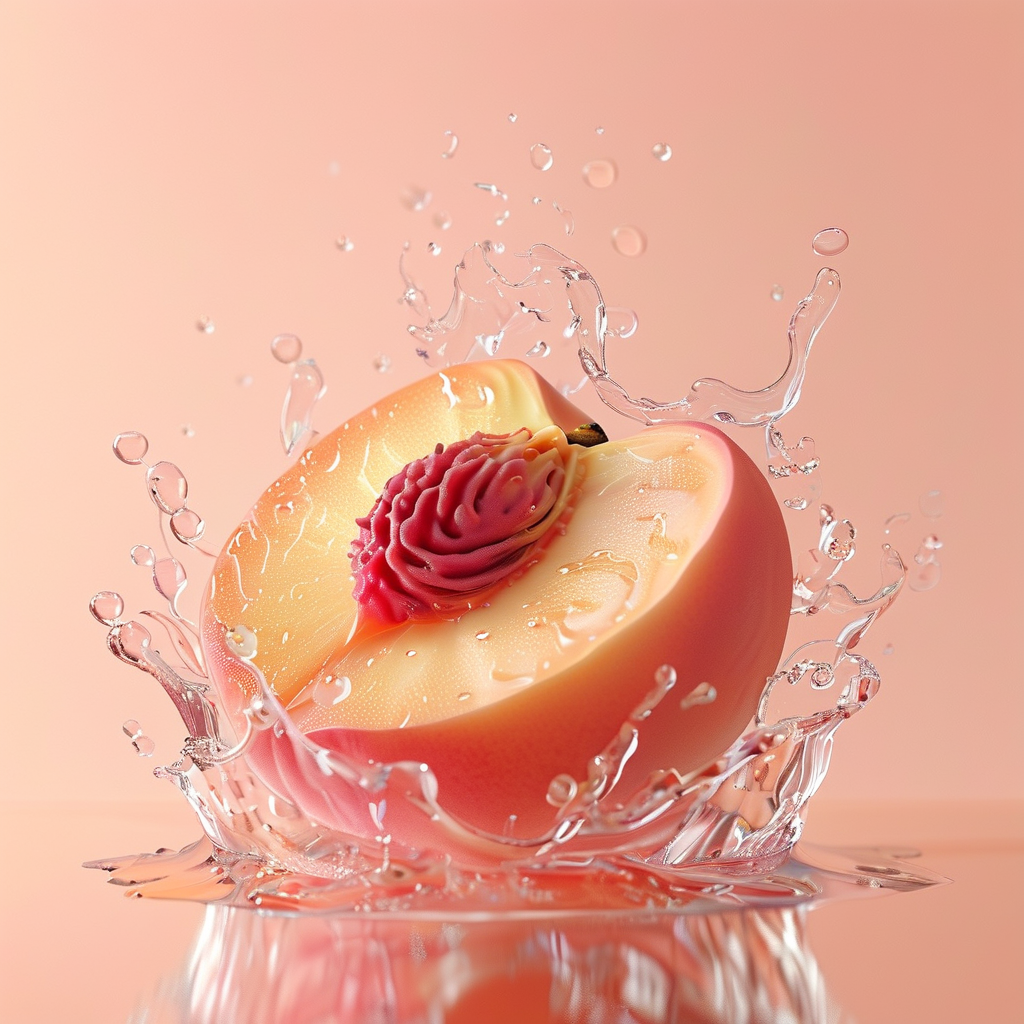A luminous peach floating in dreamy soft-focus light, dew drops on skin, macro photography, warm pastel tones, ethereal atmosphere
