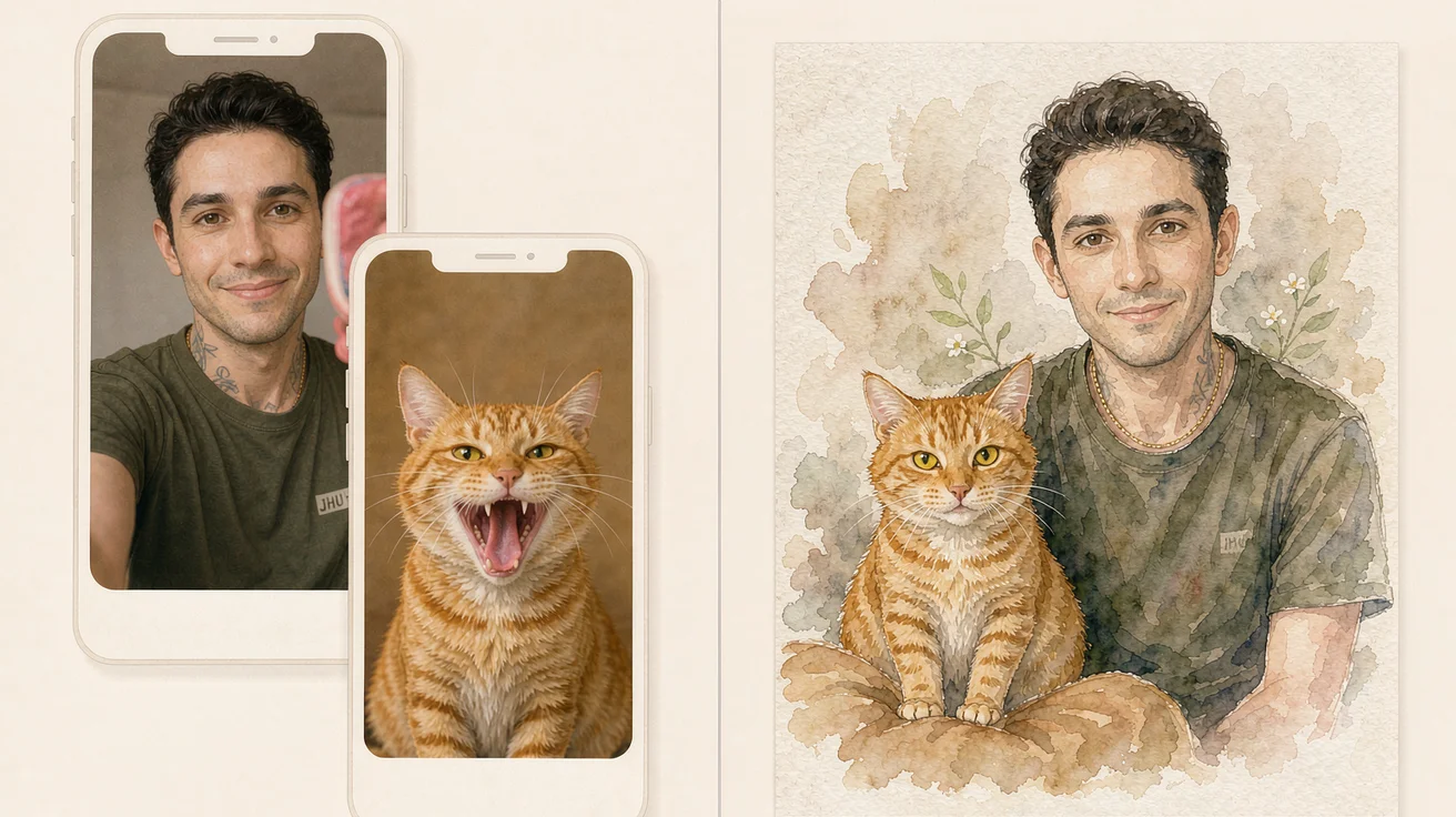Examples of AI pet portraits created from separate owner and pet photos