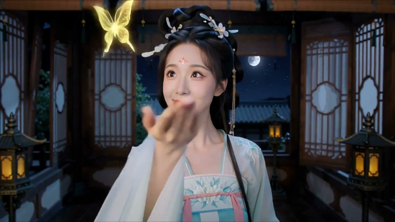 Experimental footage blending a live-action-textured ancient Chinese xianxia scene with hand-drawn glowing animation. A rustic stargazing pavilion at night, moonlight spilling through carved wooden windows. At the center is a breathtakingly beautiful fairy (true photographic realism): skin like porcelain, brows like distant mountains, eyes clear as autumn water, with delicate reddish floral makeup at the outer corners; a classic celestial updo adorned with a warm white jade hairpin; wearing a light, breathable cross-collar wide-sleeved flowing immortal dress (layered translucent moon-white and pale-cyan silk), with gauzy ribbons floating on her arms. Shot with the strong handheld shake of a casual phone recording, focus lag when approaching the subject, and vignette at the edges. Do not render it as a polished cinematic image — it should feel like a raw, real nighttime recording that happened to capture a fairy playing with magical phenomena.
0-3s: The camera sways slightly, medium close-up on the fairy's cool, beautiful face. With a gentle smile, she extends her fair, slender real hand toward the lens. Above her palm, a hand-drawn glowing-animation-style "golden light seed" appears out of thin air. The seed has chalky, rough edges like a crayon drawing, spinning along the lines of her palm, then instantly bursts into a golden "hand-drawn spirit butterfly" that flies up from her fingertips. The camera lags slightly, then tilts up to follow the butterfly.
3-6s: The golden spirit butterfly dances beside the fairy's white jade hairpin; she tilts her head slightly, the silk of her flowing dress shimmering with real soft luster. When she raises her wide sleeve to gently swat at it, the butterfly lands on her cyan cuff and instantly stretches into a flat glowing "hand-drawn bamboo leaf". The leaf floats like a little boat, trailing a pale-cyan light streak, flying toward her shoulder. The camera trails half a beat behind, moving gently around her.
6-10s: The cyan hand-drawn bamboo leaf touches her floating gauze ribbon, slides along its texture, and becomes a hand-drawn "translucent glowing koi". The koi swims around her; her eyes widen with wonder, the koi's glow reflected in their clear depths. Circling behind her head, it instantly becomes a lively "hand-drawn ink-wash dragon", swimming along her shoulder. The dragon breathes a puff of mini light-mist and darts toward a distant bronze palace lamp. The camera follows with a real vertigo feel, panning right after the dragon.
10-13s: The hand-drawn dragon crashes into the bronze palace lamp, bursting into a small hand-drawn bagua array of interwoven gold and green. The fairy leans in curiously (the camera closes to an extreme distance showing her delicate features, distinct lashes and skin texture); the dragon instantly becomes a "hand-drawn little imp" wearing a grass-leaf hat. The imp mischievously tugs a strand of her real hair, then hurriedly leaps into the air, leaving a trail of dotted light footprints as it flees toward the pavilion's wooden pillar. The camera goes slightly out of focus, chasing the imp.
13-15s: The moment the dotted footprints touch the wooden pillar, hand-drawn lines in gold, green and cyan spread wildly, covering the windows, walls and the fairy's skirt. The whole stargazing pavilion instantly becomes a giant hand-drawn "glowing constellation landscape" doodle. Finally, the fairy turns to the camera, half-hiding her face with her wide sleeve as she giggles, and a hand-drawn pink glowing peach petal drifts down, landing right on the tip of her nose.
The hand-drawn animation must absolutely NOT be smooth CG — it must be rough, frame-by-frame animation like redrawing every single frame. Line weight, outlines and coloring should constantly boil with subtle jitter, preserving the textures of crayon, chalk, colored pencil and rough brush. A soft oriental-xianxia glow palette dominated by gold, pale cyan, emerald green and vermilion. A faint halo around the animation, without over-lighting the real scene.
The camera must always "passively follow" the animation. The animation exits the frame first; only then does the sluggish handheld camera catch up. Absolutely no smooth gimbal movement. No over-refined 3DCG, no plush-toy look, no overly smooth vector lines, no uniform rigid neon effects, no flawless cinematic lighting, no excessive depth of field, no advertising-perfect composition, no subtitles, logos or BGM. No giant eyes, cracked mouths, fangs, lunging-at-camera motions, sudden blackouts or jump scares.
Keep only indoor white noise, gentle night wind, the real rustle of silk as her garments sway, the crisp chime of jade ornaments, the fairy's faint breathing and soft giggles, plus the little imp's soft "ting" spell sounds and bird-like murmurs.